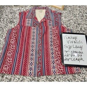 Vintage Vivaldi Red White Blue Paisley Floral Cotton Denim Vest Sz Large